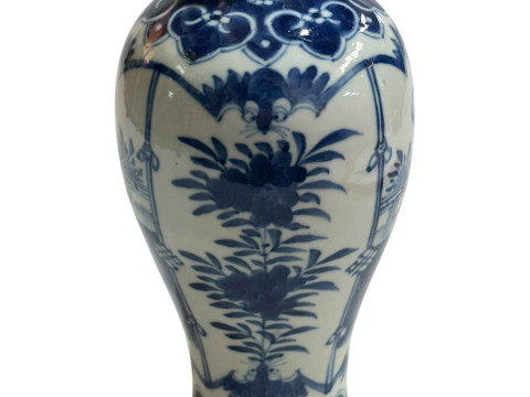 Chinese blue and white vase with figure and floral decoration, four character Kangxi mark to base, 25cm. thumbnail