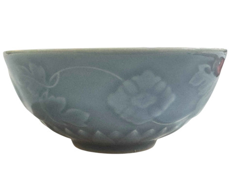 Chinese blue and white glazed pottery bowl with raised floral decoration with Yangzheng mark to base, 13cm diameter. thumbnail