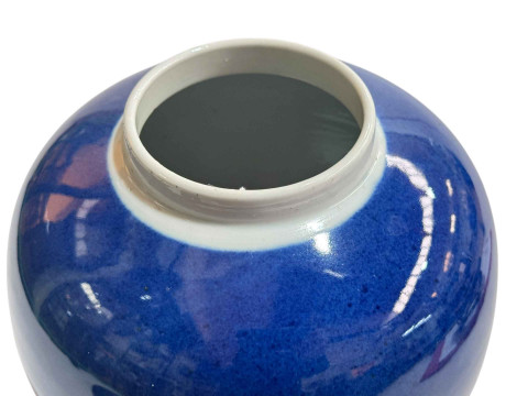 Large blue glaze Chinese ginger jar and cover on wooden stand, Kangxi four character mark to base, total height 35cm. thumbnail