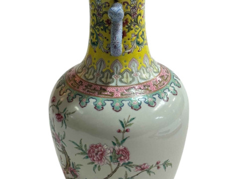 Chinese famille rose decorated vase with twin snake handles with iron red four character mark to base, 29cm. thumbnail