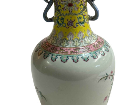 Chinese famille rose decorated vase with twin snake handles with iron red four character mark to base, 29cm. thumbnail