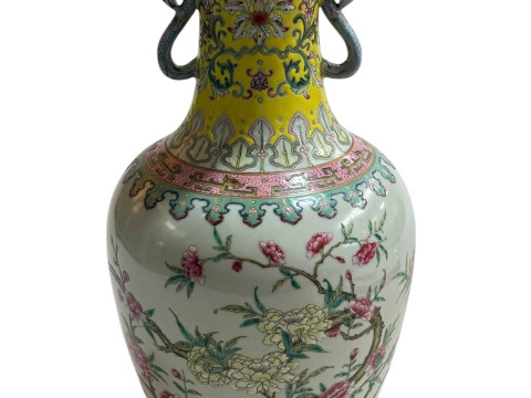 Chinese famille rose decorated vase with twin snake handles with iron...
