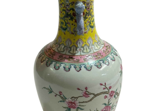 Chinese famille rose decorated vase with twin snake handles with iron red four character mark to base, 29cm. thumbnail