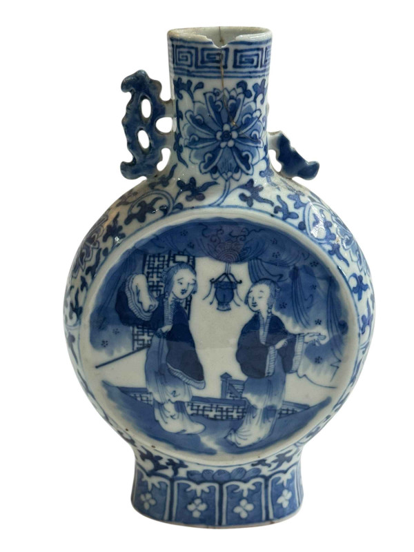 Antique Chinese blue and white moon flask vase with figure and floral decoration, 21.5cm.