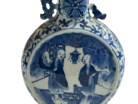 Antique Chinese blue and white moon flask vase with figure and floral...