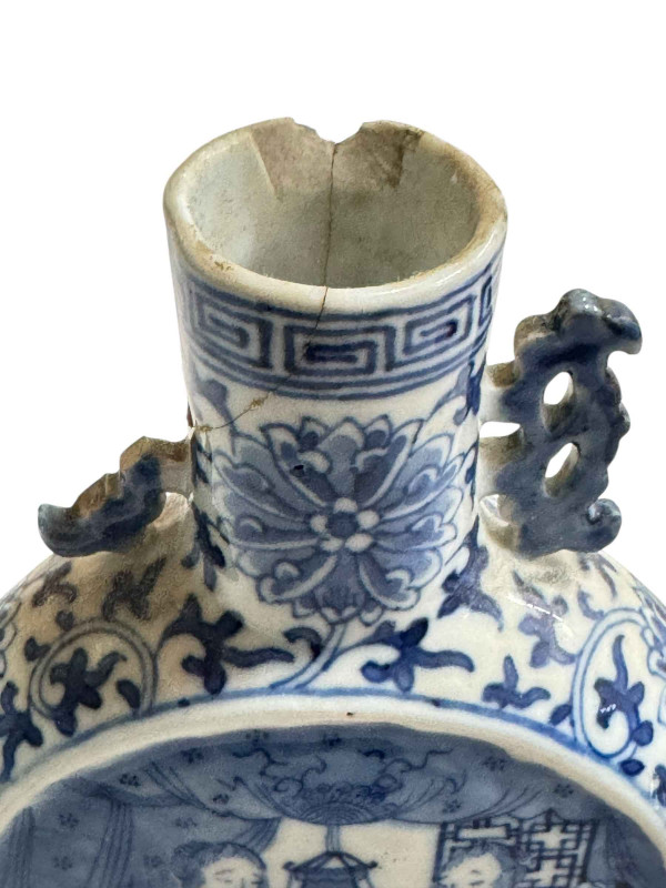 Antique Chinese blue and white moon flask vase with figure and floral decoration, 21.5cm.