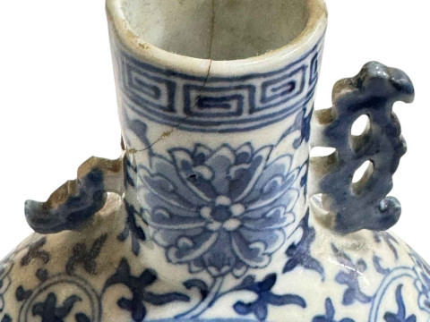 Antique Chinese blue and white moon flask vase with figure and floral decoration, 21.5cm. thumbnail