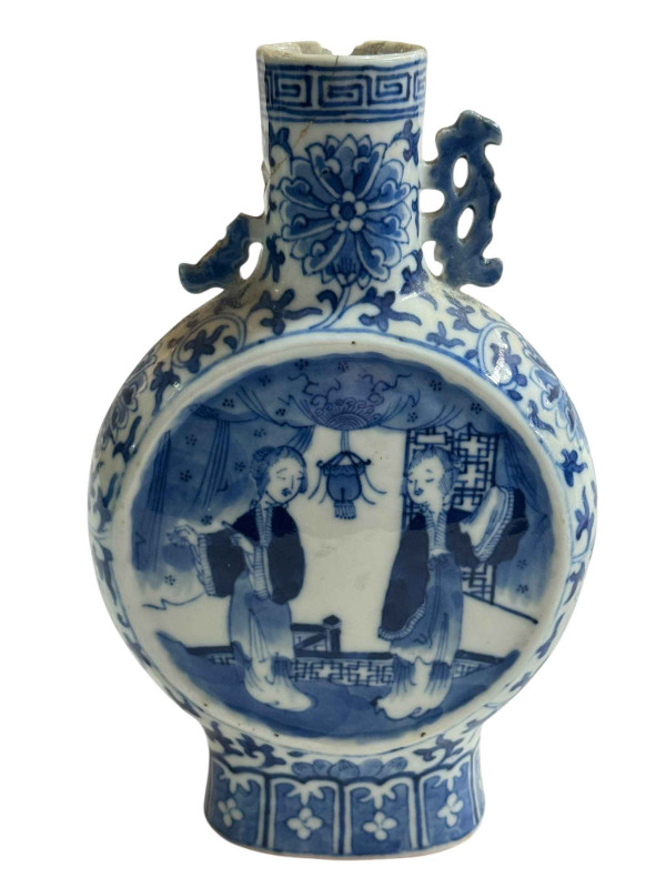 Antique Chinese blue and white moon flask vase with figure and floral decoration, 21.5cm.