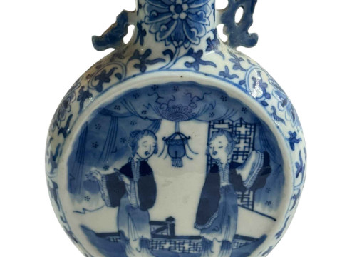 Antique Chinese blue and white moon flask vase with figure and floral decoration, 21.5cm. thumbnail