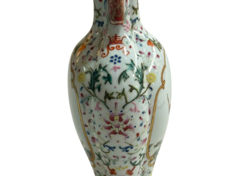 Chinese porcelain vase decorated with figural panels and floral borders with Jiaqing seal mark to base, 24cm. thumbnail