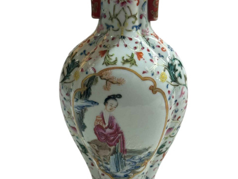 Chinese porcelain vase decorated with figural panels and floral borders...