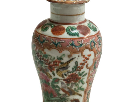 Small Chinese famille rose decorated lidded vase with bird and butterfly...