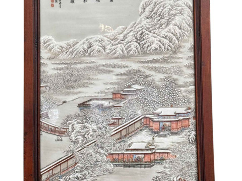 Large Chinese landscape plaque decorated with winter landscape and verse...