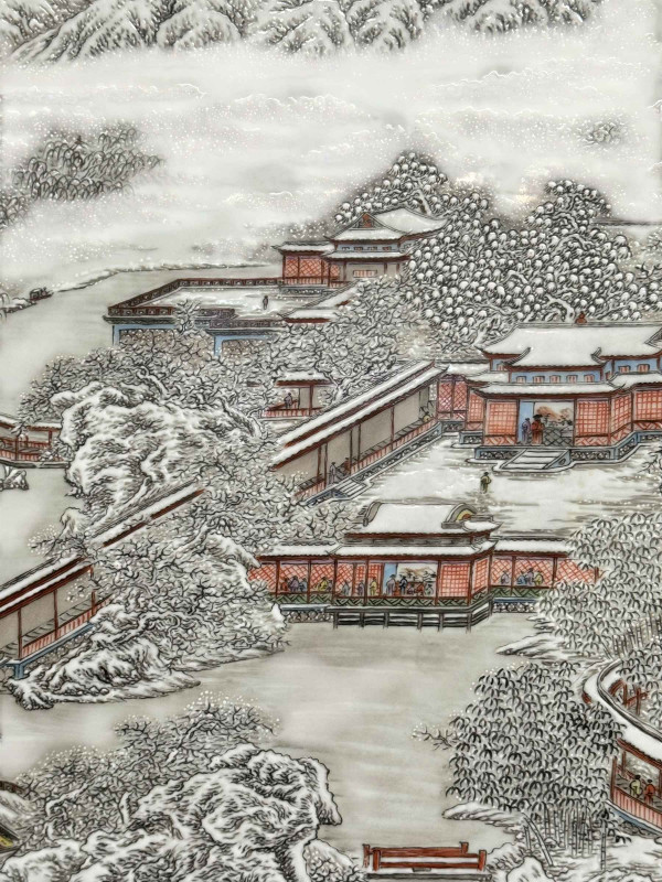 Large Chinese landscape plaque decorated with winter landscape and verse in wooden frame, 59cm by 39cm.