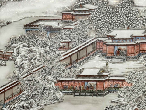 Large Chinese landscape plaque decorated with winter landscape and verse in wooden frame, 59cm by 39cm. thumbnail