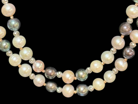 Long strand of black, white and silver pearls, total length approximately 90cm. thumbnail