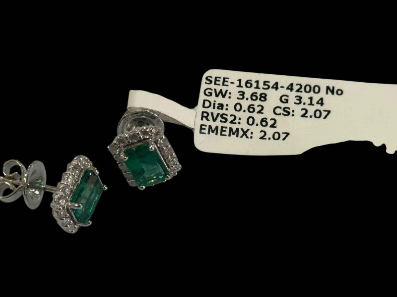 Pair of emerald and diamond cluster earrings in 18 carat white gold, emeralds over 2 carats.