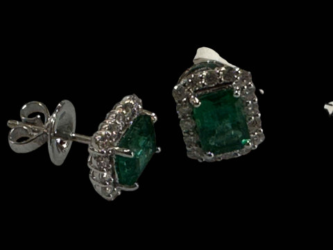 Pair of emerald and diamond cluster earrings in 18 carat white gold, emeralds over 2 carats. thumbnail