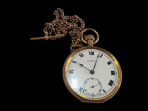 9 carat gold Samor open faced pocket watch with a 9 carat gold albert.