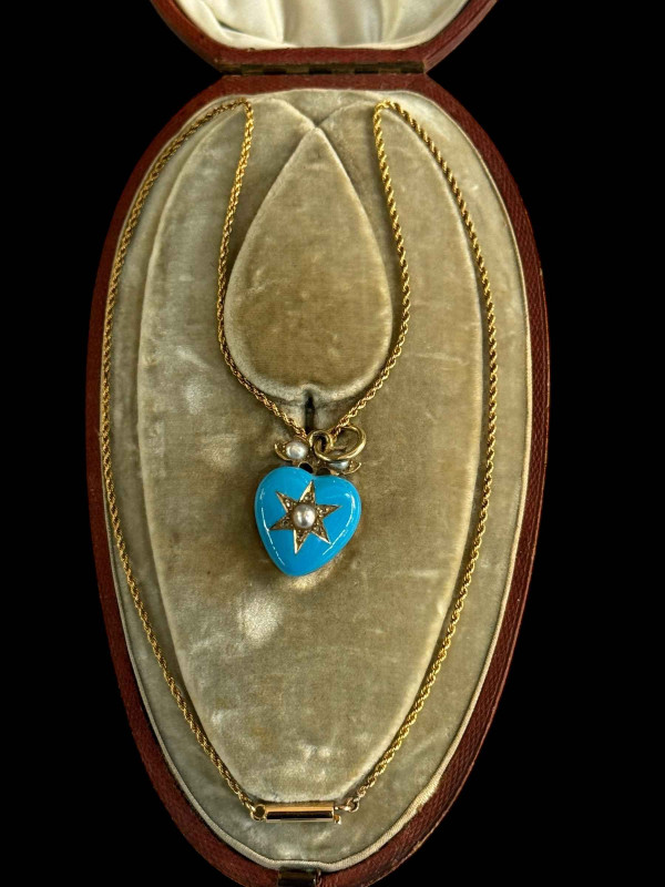 Turquoise and pearl mourning pendant on chain with original box.