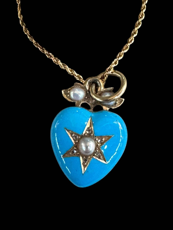 Turquoise and pearl mourning pendant on chain with original box.