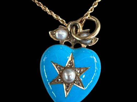 Turquoise and pearl mourning pendant on chain with original box. thumbnail