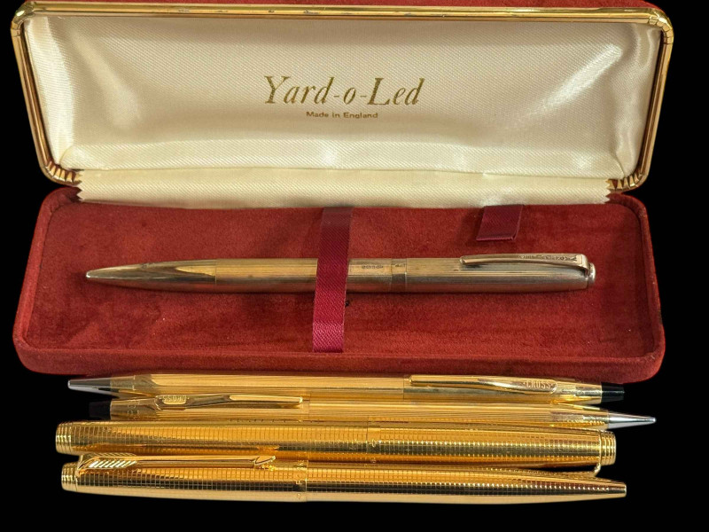 Parker fountain pen with 14k nib and matching ballpoint pen, Yard-o-Led ballpoint pen and pair of Cross ballpoint pens.
