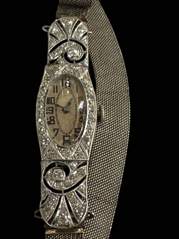 Platinum and diamond set ladies cocktail watch with mesh design bracelet strap, the oval face surrounded by twenty round cut diamonds to hinged diamond set shoulders.