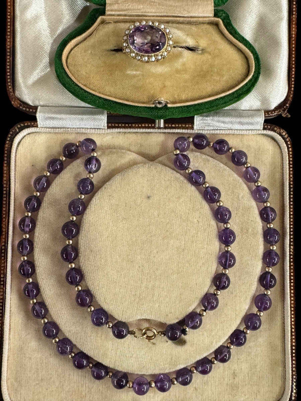 15 carat gold amethyst and seed pearl brooch and amethyst bead necklace (2).
