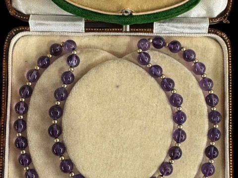 15 carat gold amethyst and seed pearl brooch and amethyst bead necklace...