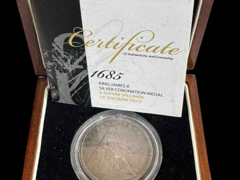 King James II 1685 silver Coronation medal with certificate.