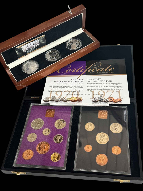 The Last Predecimal and First Decimal Coinage and The Queen Elizabeth II Royal Jubilees Silver Crown set, with certificates.