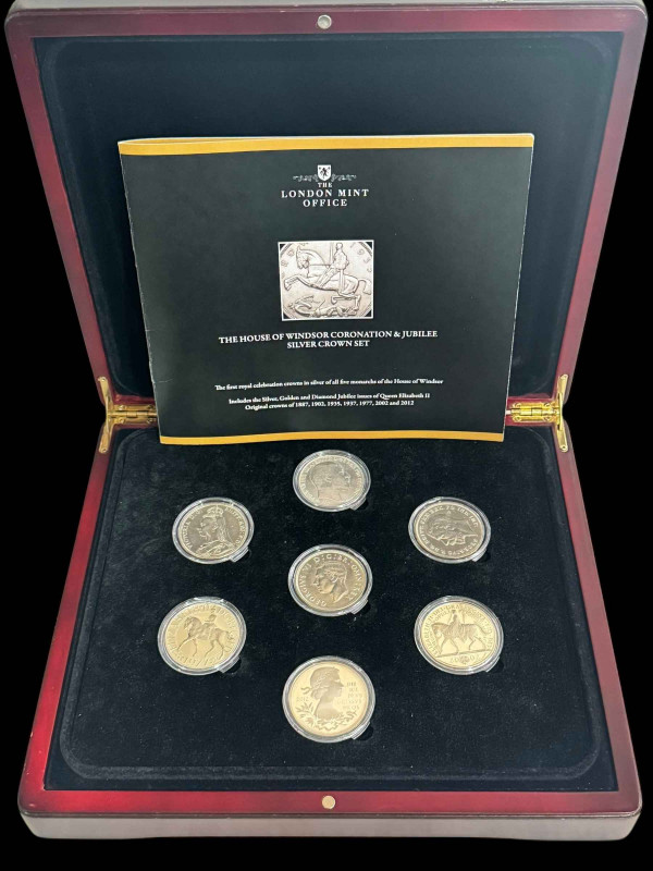 The House of Windsor Coronation and Jubilee silver crown set, with certificate.