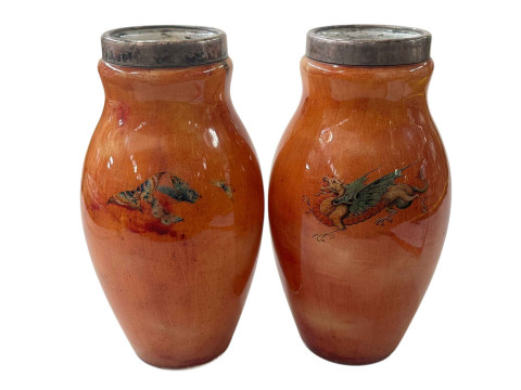 Pair of Stourbridge DG orange glass vases with dragon and butterfly decoration...