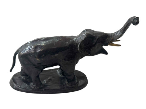19th Century Chinese bronze model of an elephant with trunk raised, 17cm...