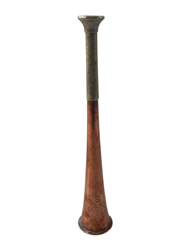 Antique copper and silvered metal hunting horn, 23cm.