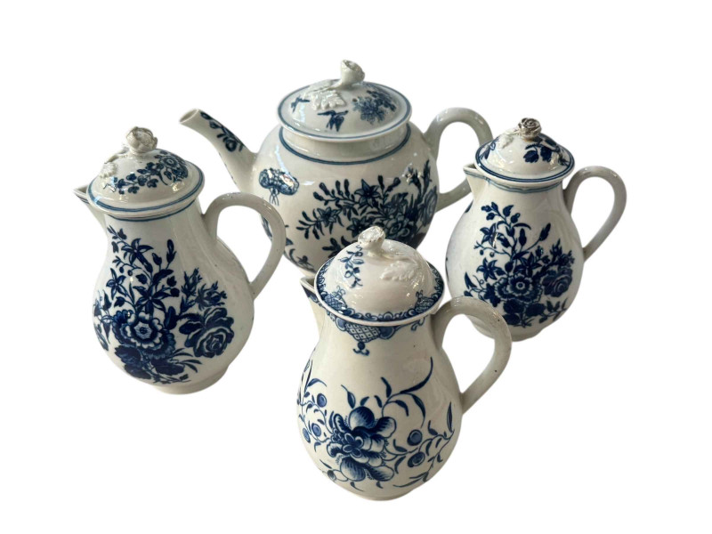 18th Century Worcester blue and white teapot and three lidded milk jugs.