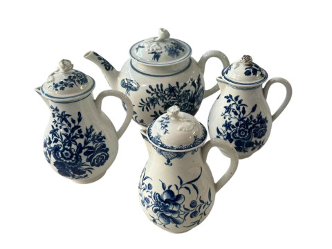 18th Century Worcester blue and white teapot and three lidded milk jugs.