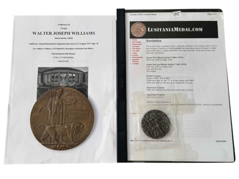 WWI Death Penny 'Walter Joseph Williams' and Lusitania medal.
