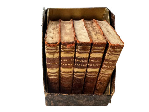 Five leather bound volumes 'Dictionaries in the Midget Series'.