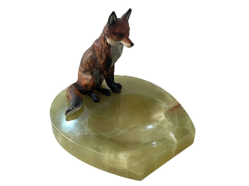 Cold painted bronze model of a fox on onyx deskstand.