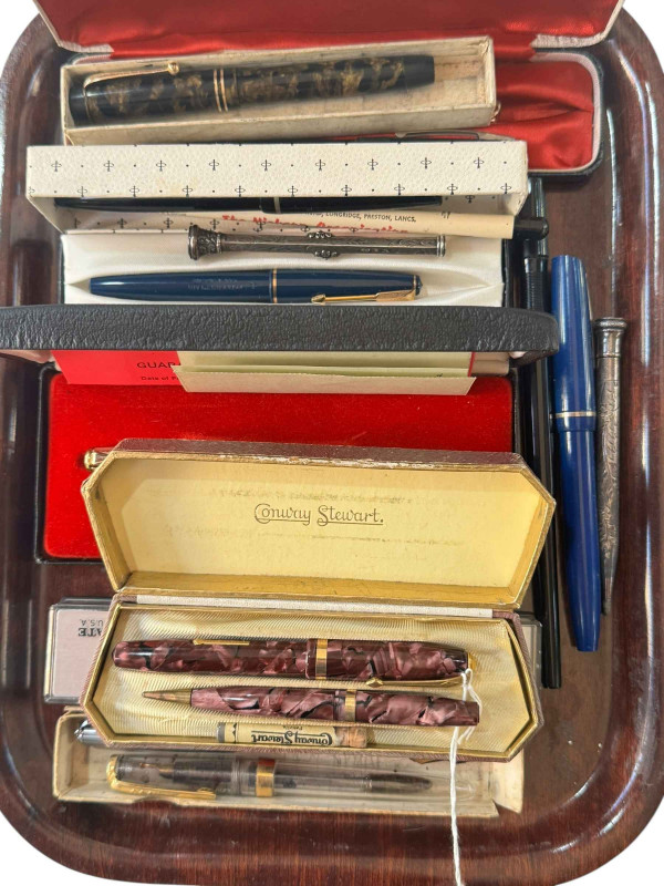 Selection of fountain pens and pencils including three with 14k nibs, etc.