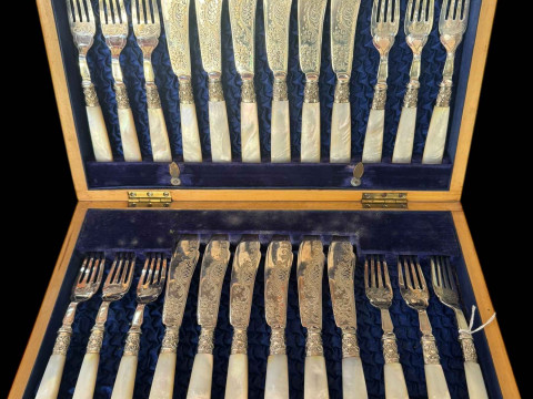 Cased set of twelve late Victorian silver and mother of pearl fish eaters,...