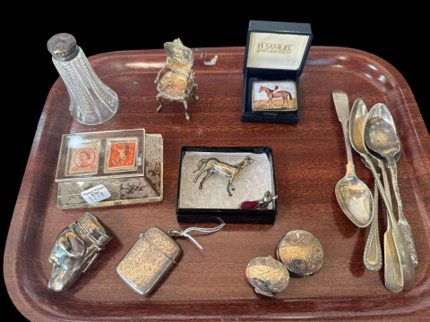 Collection of small items including silver vesta and boxes, silver armchair,...