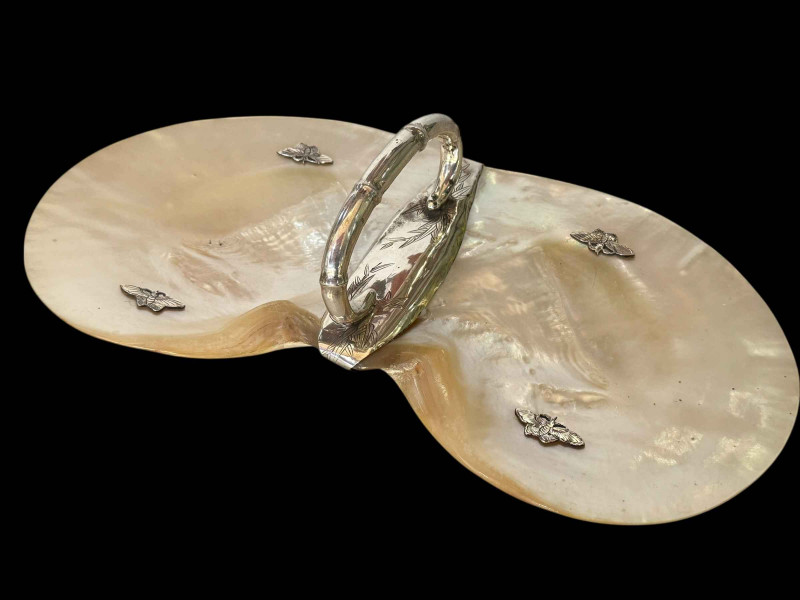 Chinese silver and mother of pearl butterfly dish.