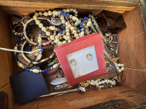 Victorian rosewood box and contents including jewellery, silver handled...