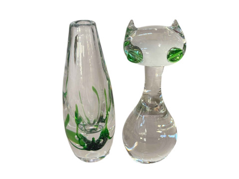 Signed Kosta Glass spill vase and vintage Swedish glass cat.