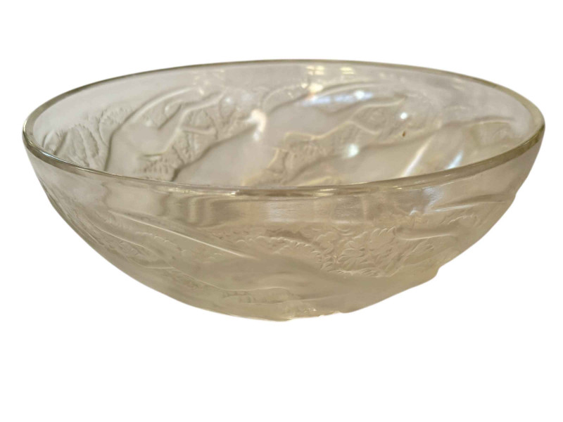 R Lalique glass bowl decorated with leaping dogs, 24cm diameter.