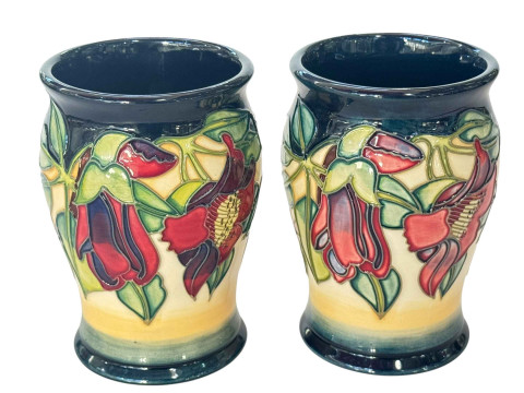 Pair Moorcroft Kapok Tree vases, signed Jeanne McDougall 2000, 14cm.