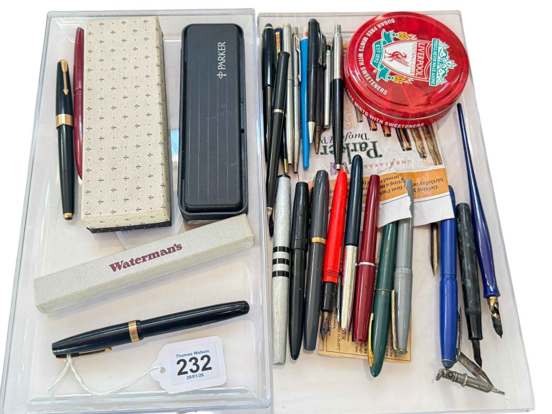 Collection of pens including 14K nibbed fountain pens, Watermans, etc.
